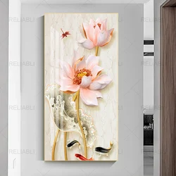 Chinese Style Watercolor Lotus Flower and Fish Canvas Painting, Wall Art, Poster and Print for Living Room Home Decor No Frame