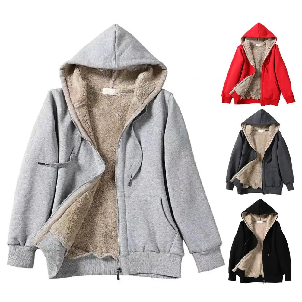 Popular Women Hoodie Ladies Women Hooded Jacket Loose Keep Warm Plush Lining Ribbed Cuff Hoodie