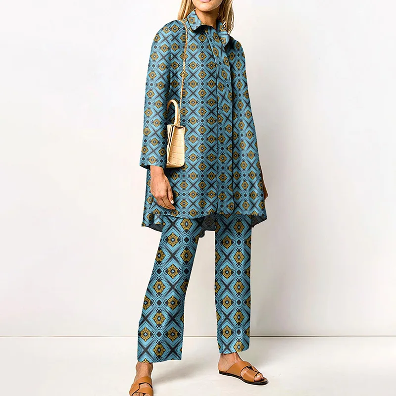 

Geometric Print Two Piece Outfit Long Sleeve Shirt and Wide Leg Pants Co-ord Set Casual Loose Fit Matching Set for Women