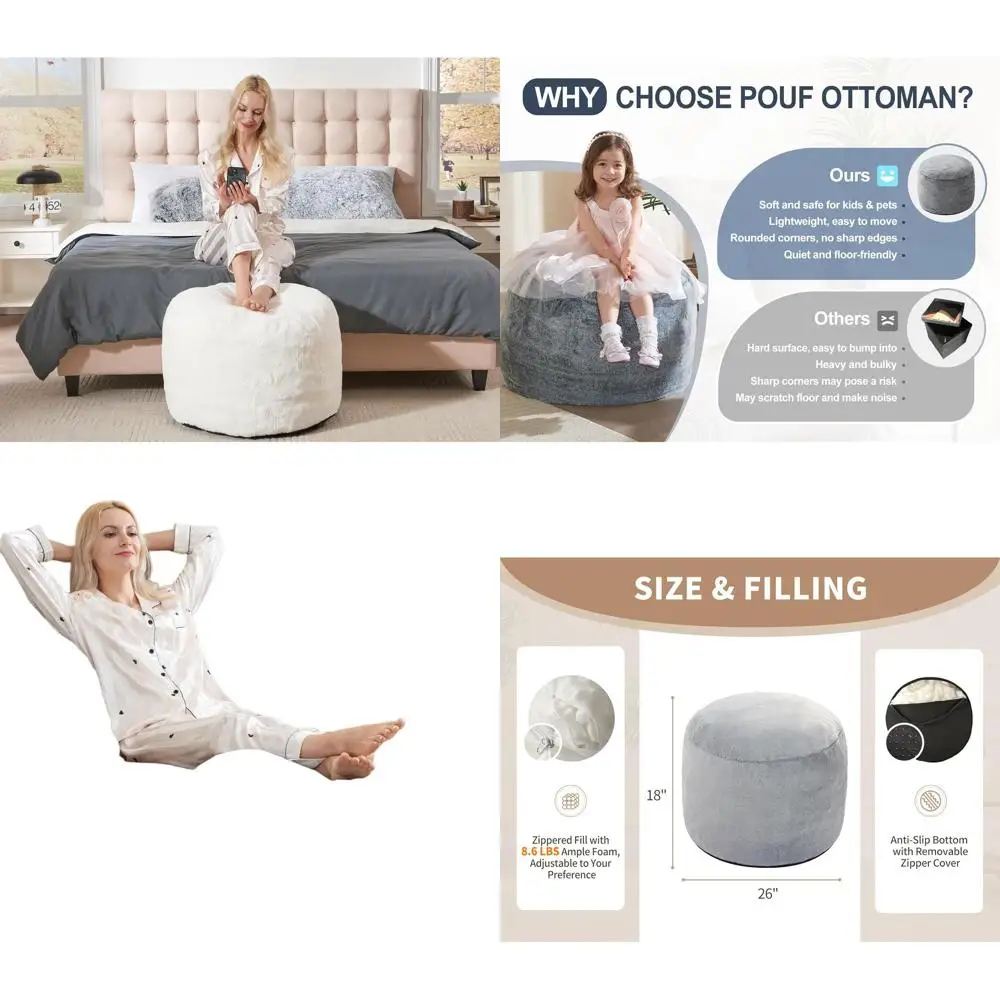 مسند رمادي مستدير كبير، 26 × 18، وسادة مسند للقدم مملوءة بالرغوة لغرفة المعيشة