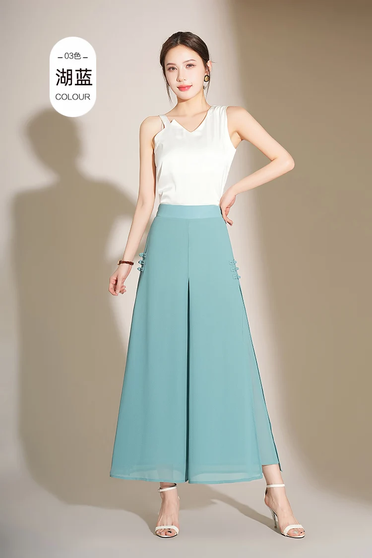 Women Side Slit Chiffon Pants Summer Thin Elastic Waist Wide Leg Pants Chic Droop Trousers Chinese Style Nine Point Pants