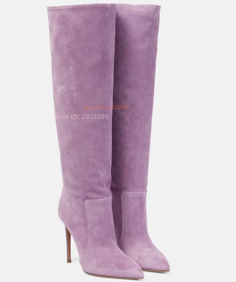 

Pink Purple Suede High Heel Boots Women Comfortable Pointed Toe 105 Knee-High Boots