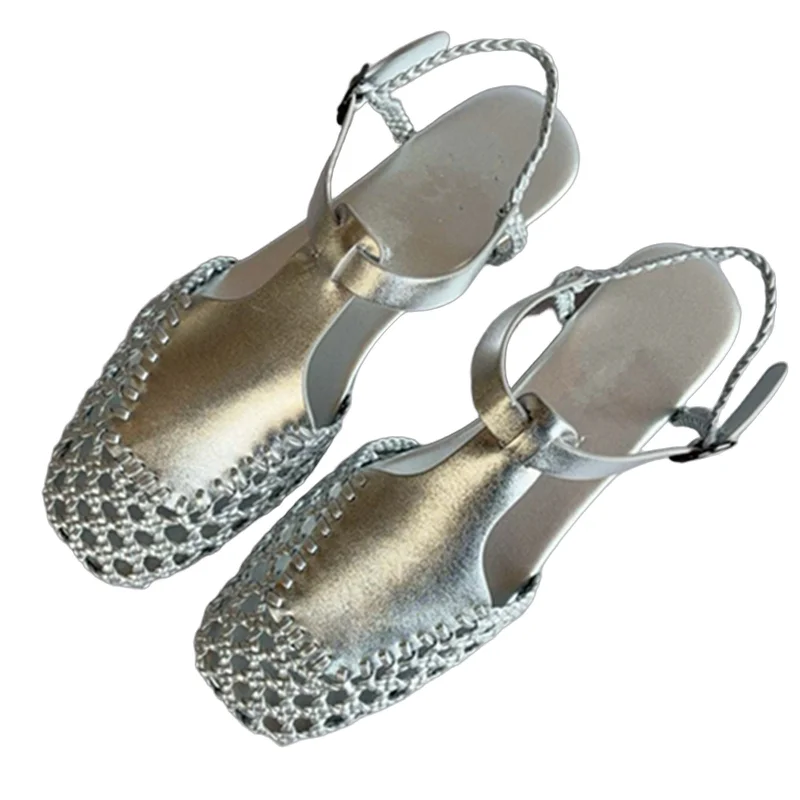 

Withered Summer Vintage Handmade Leather Roman Woven Sandals French Comfortable Commuting Casual Sandals Women Flat Shoes