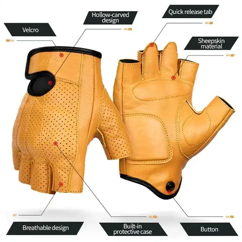 Retro Sheepskin Motorcycle Motocross Gloves Summer Riding Motorcycles Half Finger Motor Perforated Anti Drop Gloves Breathable