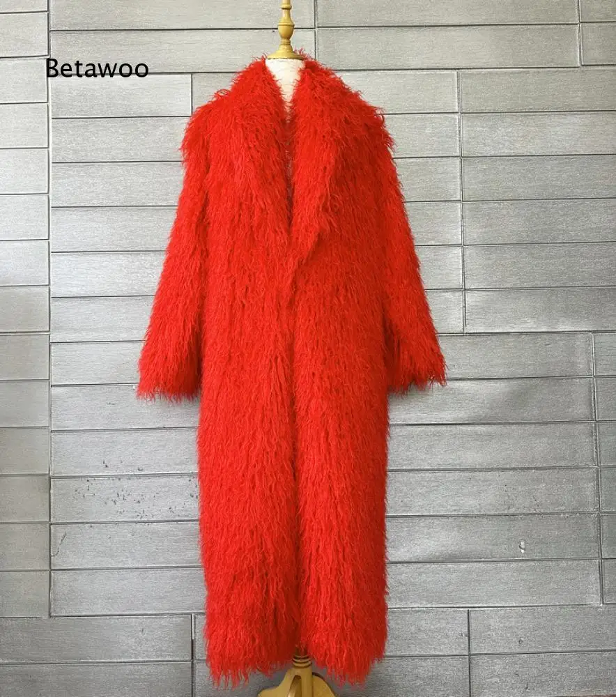 Notched Collar Open Front Faux Fur Maxi Coat Women Bright Green Shaggy Plush Warm Outerwear for Daily Wear and Night Party