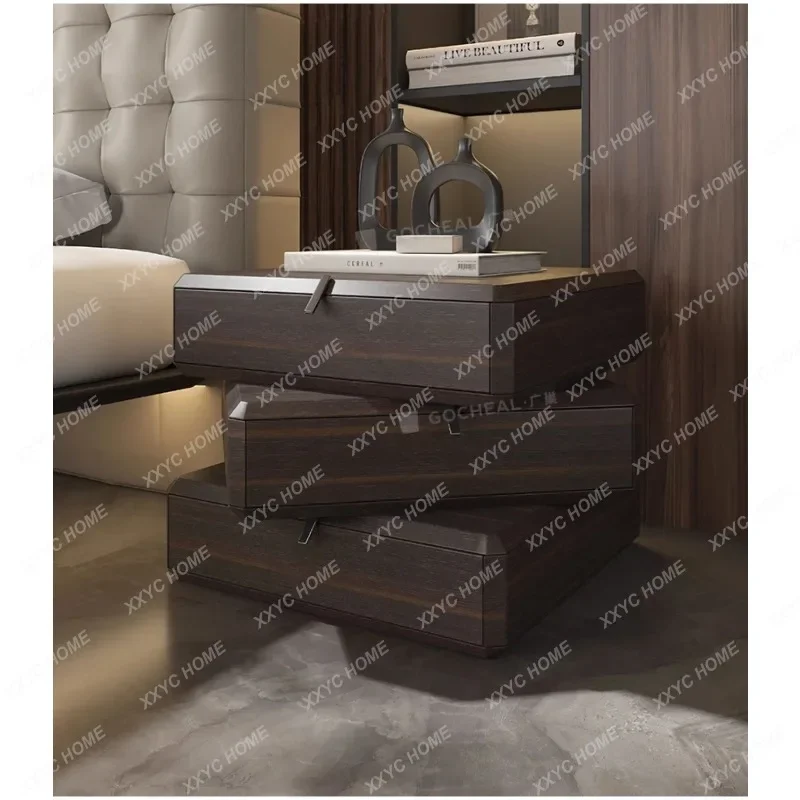 DDSmoked 360 degrees can be rotated,   minimalist bedroom solid wood three buckets storage, bedside cabinetP