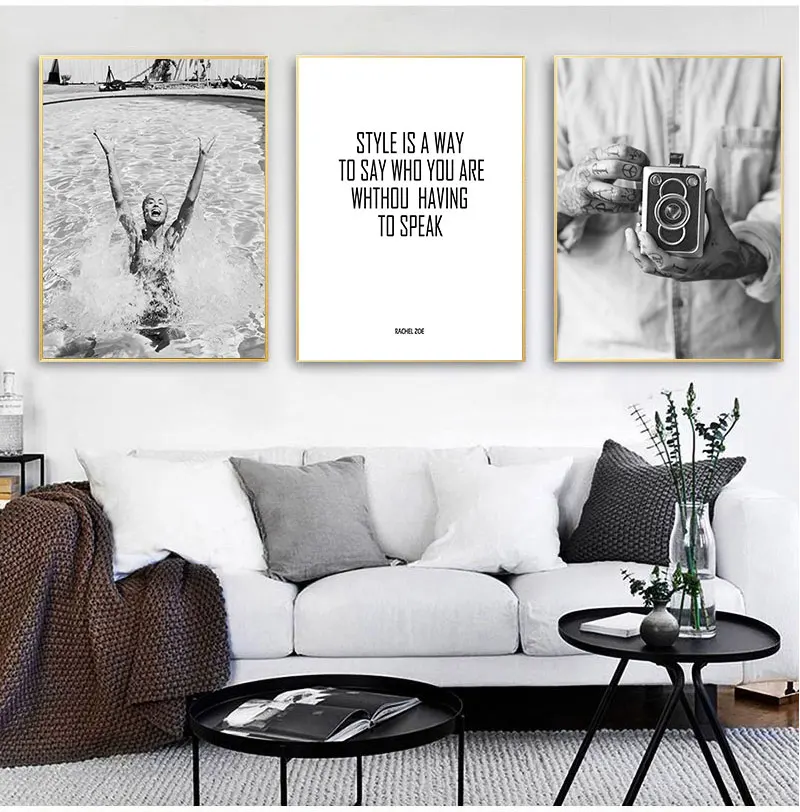 Black White Swimming Girl Vintage Camera Fashion  Quotes Canvas Art Print Nordic Wall Picture Painting Modern Home Decor