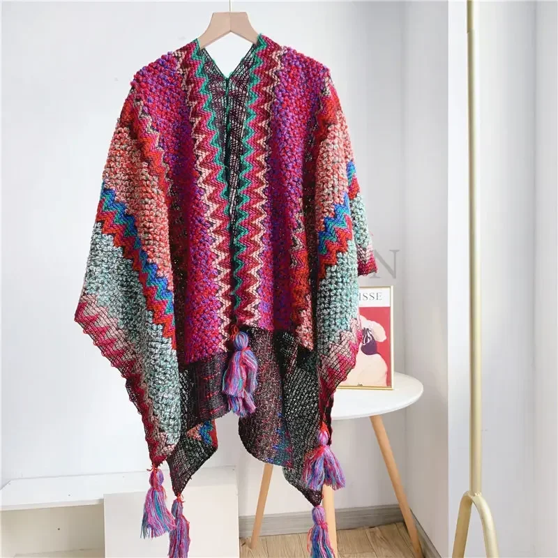 Vintage Harajuku Knitted Blanket Shawls Scarfs Women\'s Warm Shawl Wraps Fringe Cape Winter Cardigan Sweaters Open Front Ponchos