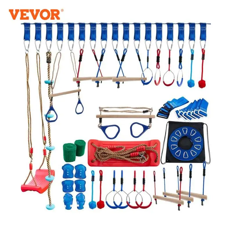 VEVOR 80' Ninja Warrior Obstacle Course for Kids Ninjia Slackline with 10 Hanging Attachment Swing Ninja Wheel Monkey Bars