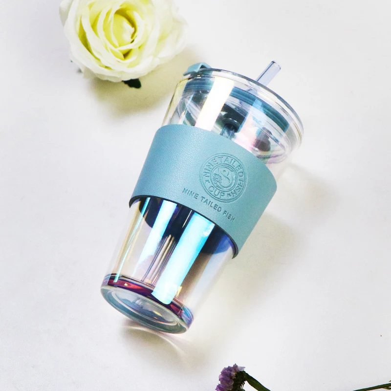 (Logo Can Engraved) 450ML Colorful Glass Water Cup,Drink Cup With Straw, Juice Cup, Coffee Cup for Outing, Tea Cup, Milk Cup