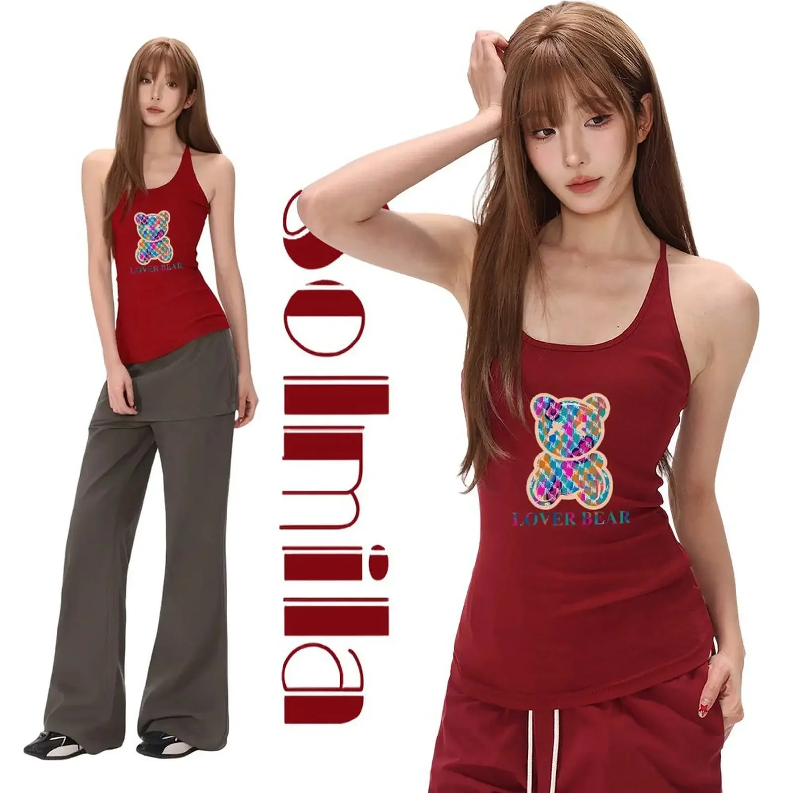 

Tank Top For Women Claret Sleeveless Cute Multi-color Bear Graphic Y2K Camis Summer Beach Everyday Casual Stretch Vest Tees