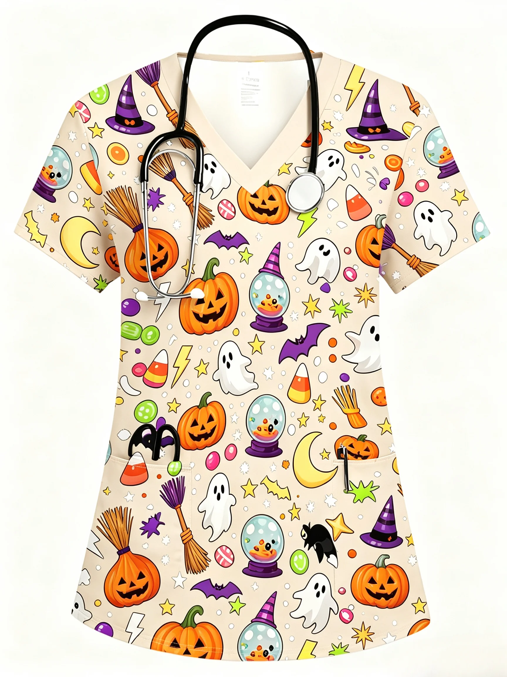 Damen-Halloween-Oberteil mit Aufdruck, Kürbis-Geister-Fledermaus-Muster, V-Ausschnitt, kurzärmelige Krankenschwester-Arbeitsuniform mit Taschen. – Detail 6