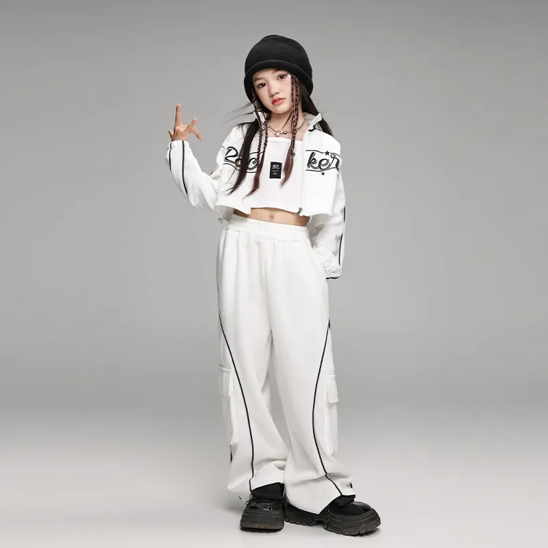 Girls Jazz Dance Clothes White Coat Baggy Pants for Kids Hip Hop Costume Teenagers Breaking Street Dance Suit