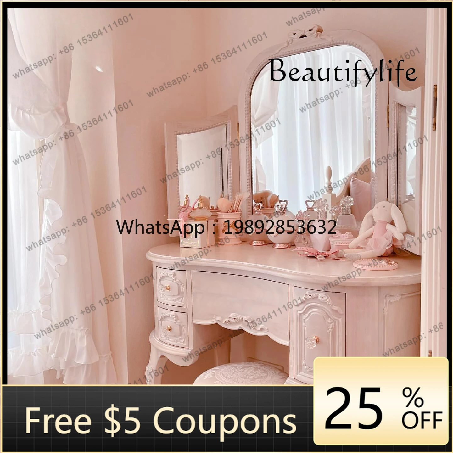 

W2 French solid wood pink bedroom pink princess style dressing table American engraved flower with mirror dressing table