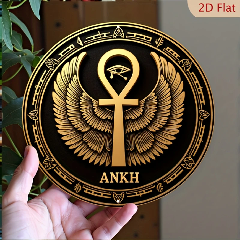 Altes ägyptisches Ankh-Symbol des Lebens und des Horus, kreisförmiges Metalldekor, golden auf Schwarz, kulturelle Heimdekoration für das Wohnzimmer