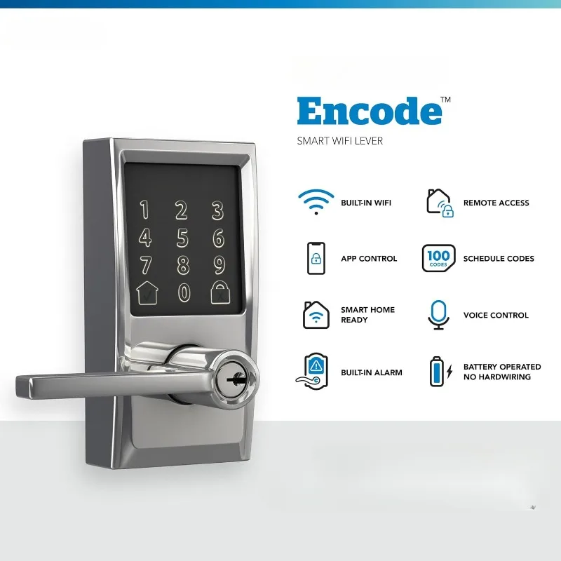 FE789WB CEN 625 LAT Encode WiFi Latitude Lever Smart Lock, Keyless Entry Touchscreen Door Lock with Century Trim, Bright Chrome