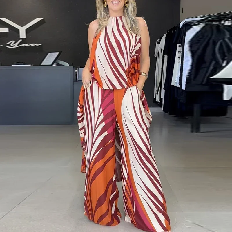 

Lady Sleeveless Halter Blouse Tops&Wide Leg Pants Suit Women Fashion Off Shoulder 2Pcs Temperament Outfit Pocket Loose Outfit