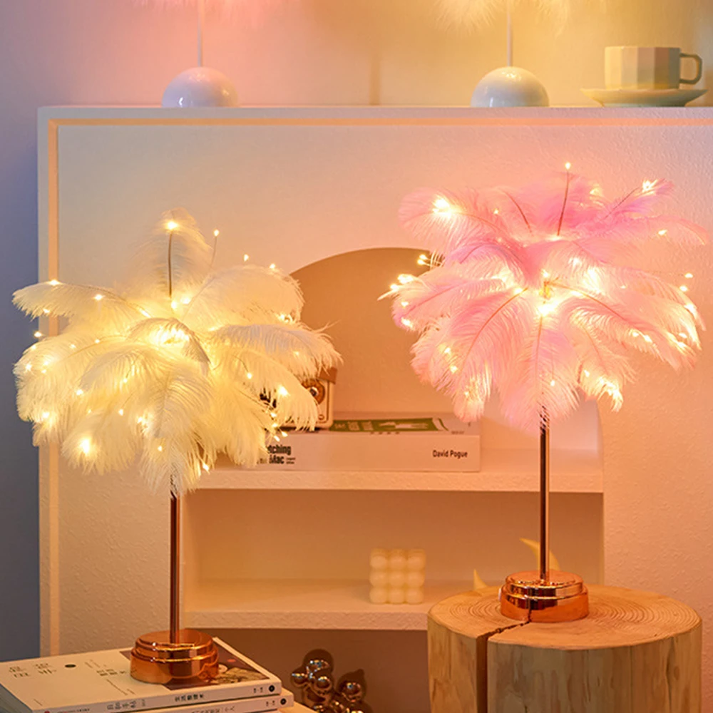 Feather Table Lamp Romantic Creative Feather Wedding Room Girl Bedroom Bedside Led Night Light Birthday Gift Home Decor