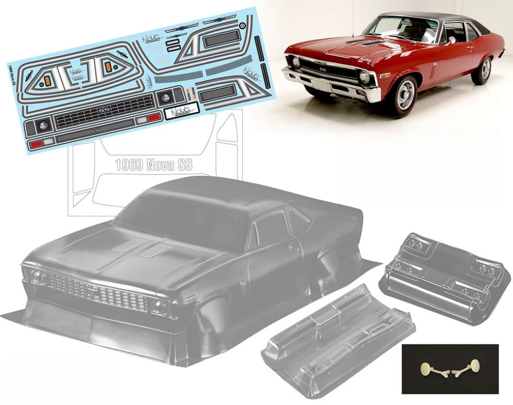 

1/10 1969 Chevrolet Nova SS прозрачный корпус Lexan. Корпус шириной 200 мм. Колесная база 257 мм, шасси для дрифта автомобиля с дистанционным управлением. Tamiya tt01 tt02