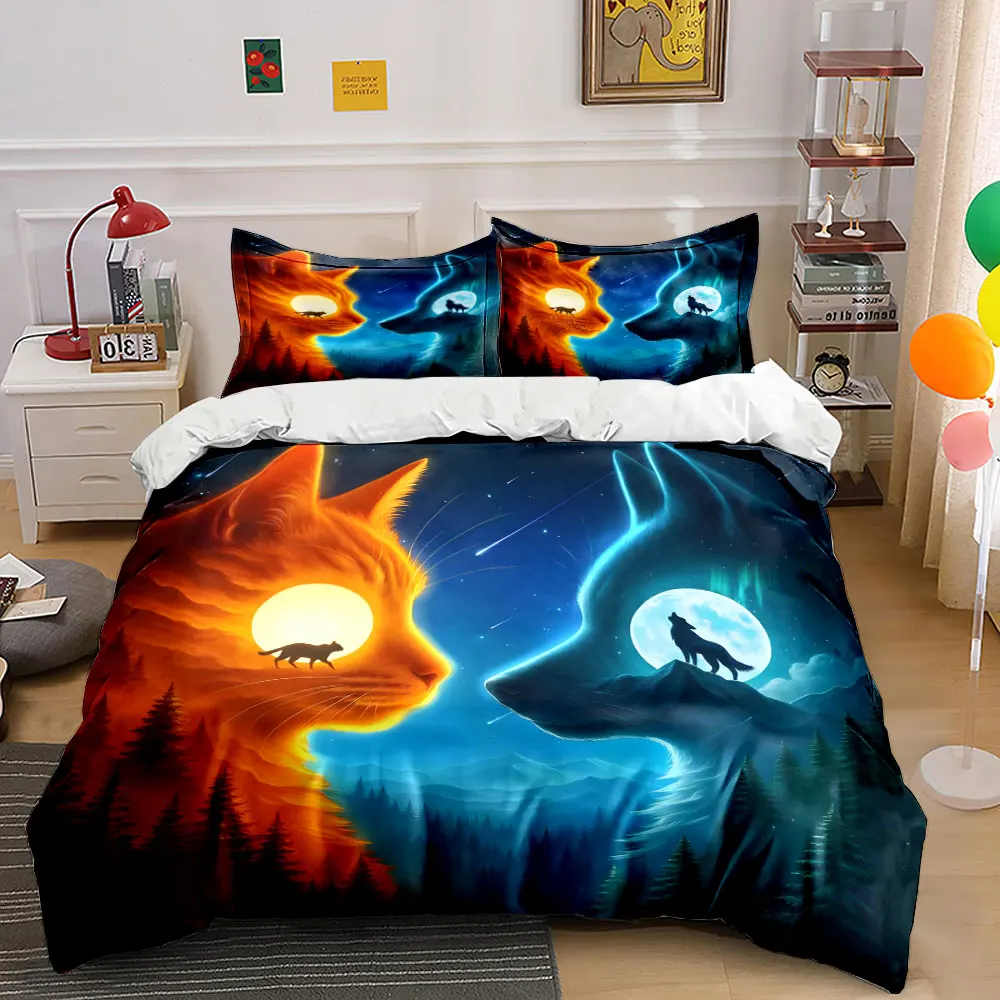 Cat and Wolf's Day-Night Stare Bedding Set for Kids Luxury Gift 3pcs Digital Print Comforter Set Soft Comfortable Breathable