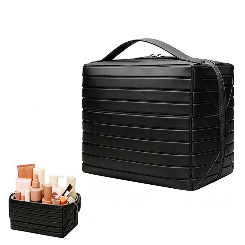 Foldable Hard Shell Striped Cosmetic Bag Multi Compartment Large Capacity Travel Toiletry Bag Desk Comestic Tools Organizer Bag