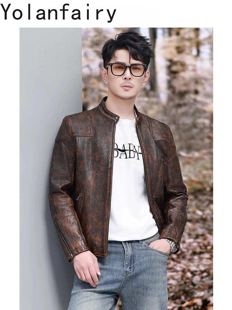 YOLANFAIRY Top Layer Cowhide Man Leather Jacket Short 100% Genuine Leather Jackets Stand Collar Slim-fit Vintage Leather Coat