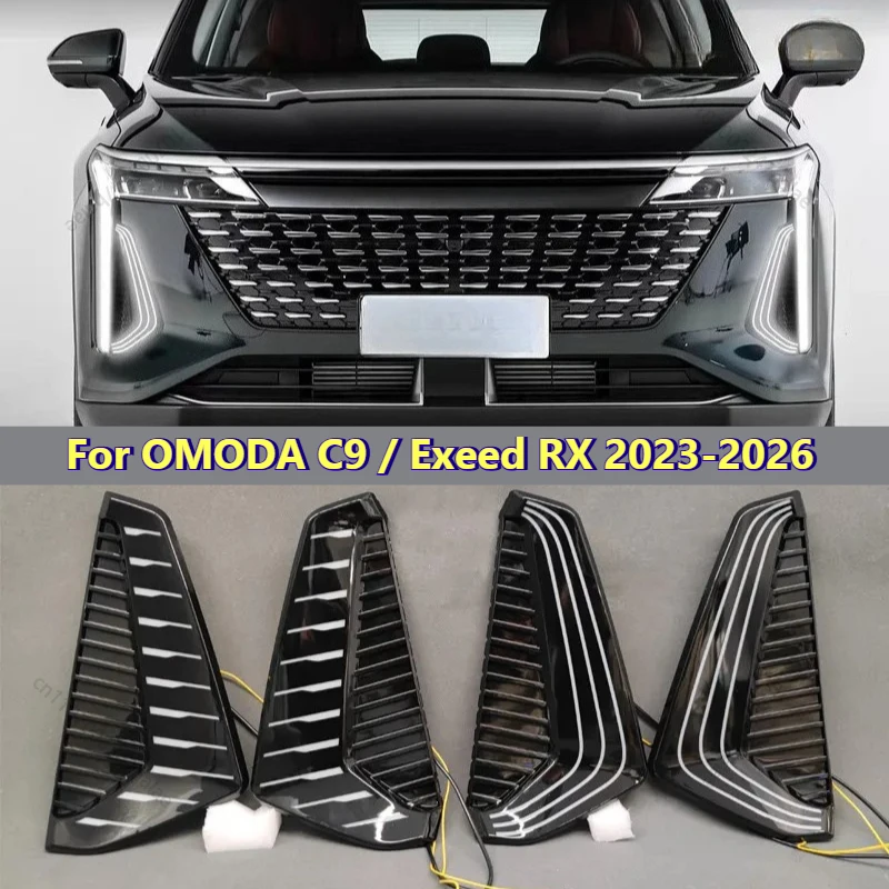 Car LED Daytime Running Light For OMODA C9/ Exeed RX 2023-2026 DRL Dynamic Turn Signal Front Fog Light Modified 12V Daylights