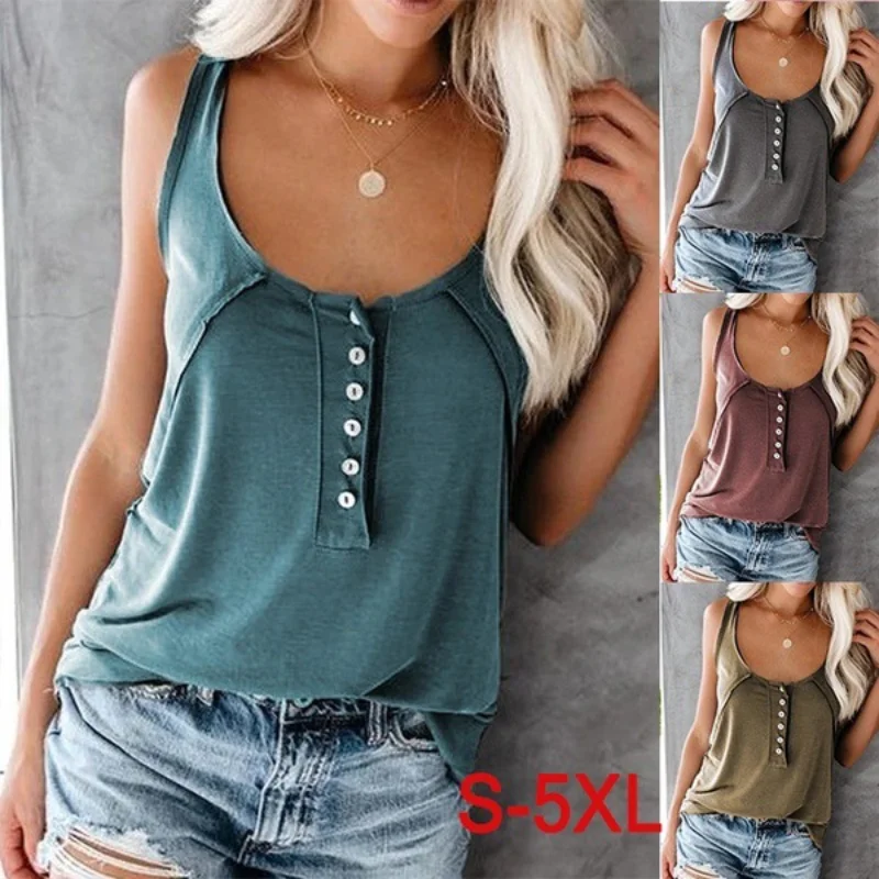 Women Solid Color Henley  Tops U Neck Sleeveless Casual Loose Vest Shirts S-5XL Multiple Colors