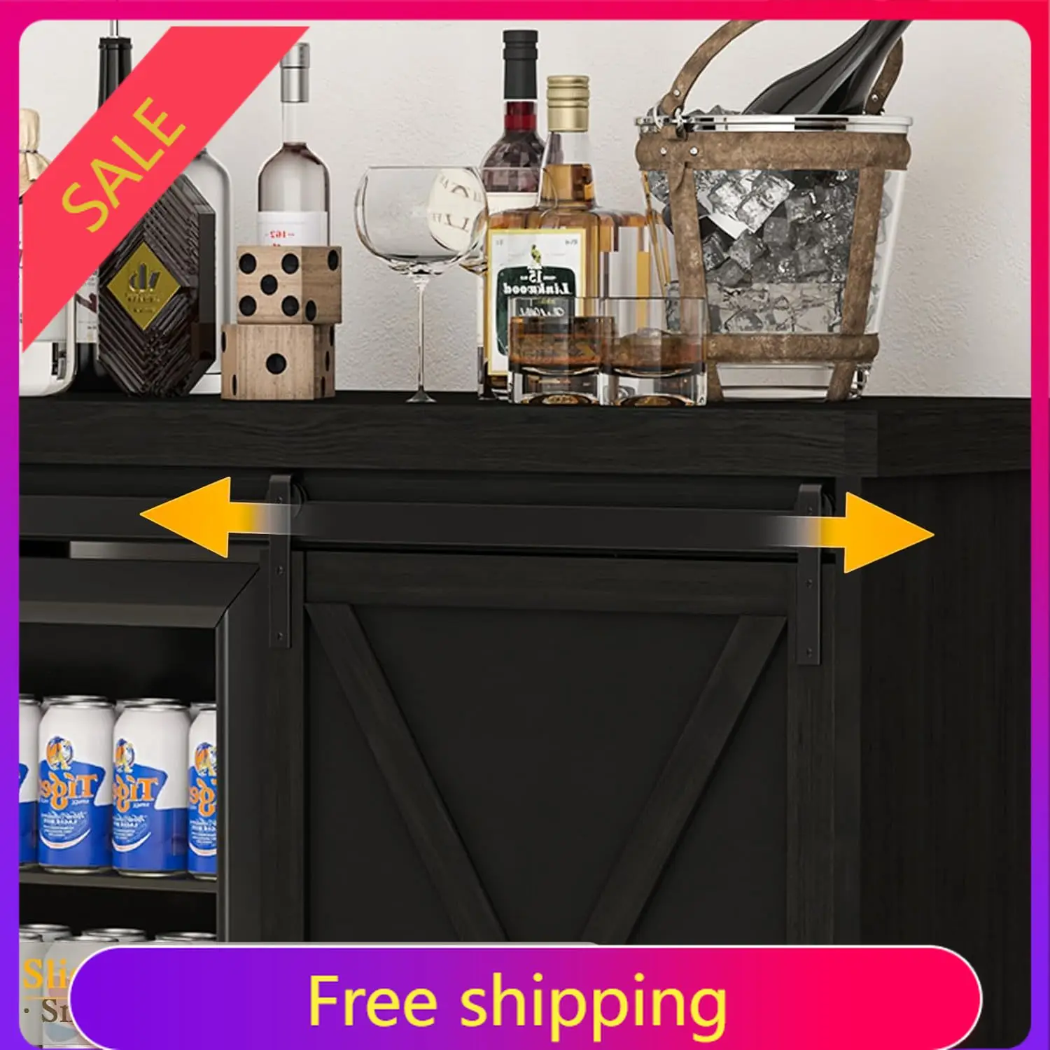 Coffee Bar Cabinet with Mini Fridge Space, 49.2'' Farmhouse Kitchen Buffet Hutch with Power Outlet, Fridge Cabinet with Sliding