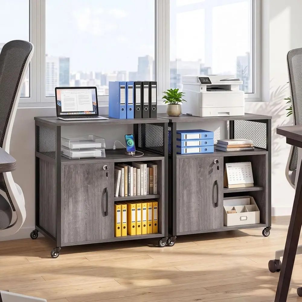 Compact Lockable Lateral File Cabinet with Wheels, Adjustable Shelves, Charging Station, and Cable Management for Home Office Sp