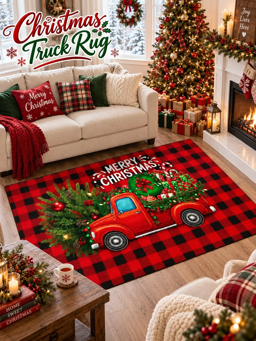 Christmas Rug Pickup Plaid Tree Lettering Floor Decor Carpet Living Room Bedroom Dining Area Entryway Apartment Cabin Winter Home Styling Beside Sofa Coffee Table Housewarming Birthday Gift for Family Friends Neighbors Homeowners Holiday Celebrations