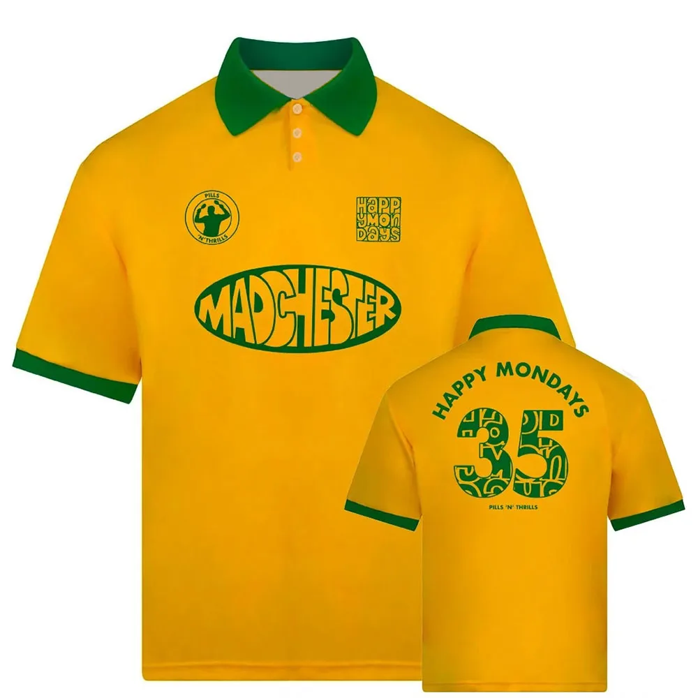 Happy Mondays Pills N Thrills Yellow Football Shirt Summer 3 Button Loose Polo Shirts Short Sleeve