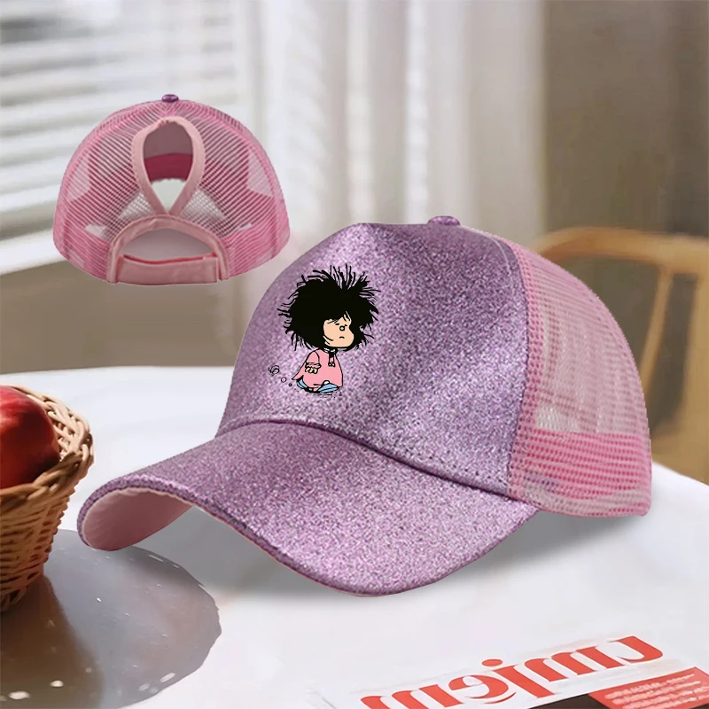 Gorra de béisbol brillante Mafalda, gorra con estampado de dibujos animados, sombrero con lentejuelas a la moda, gorras de protección solar, gorro de malla para el sol