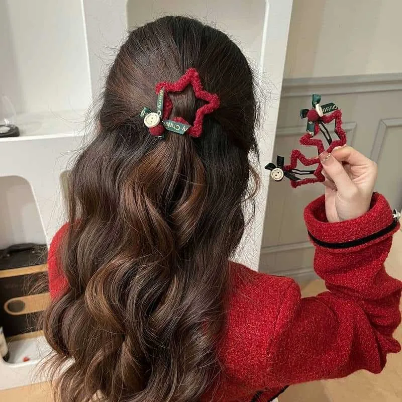 Rote Plüsch-Stern-Haarspange mit Schleife – praktische Haarnadel für Pony und seitliches Haar – Weihnachts-Haarschmuck für den Heimgebrauch