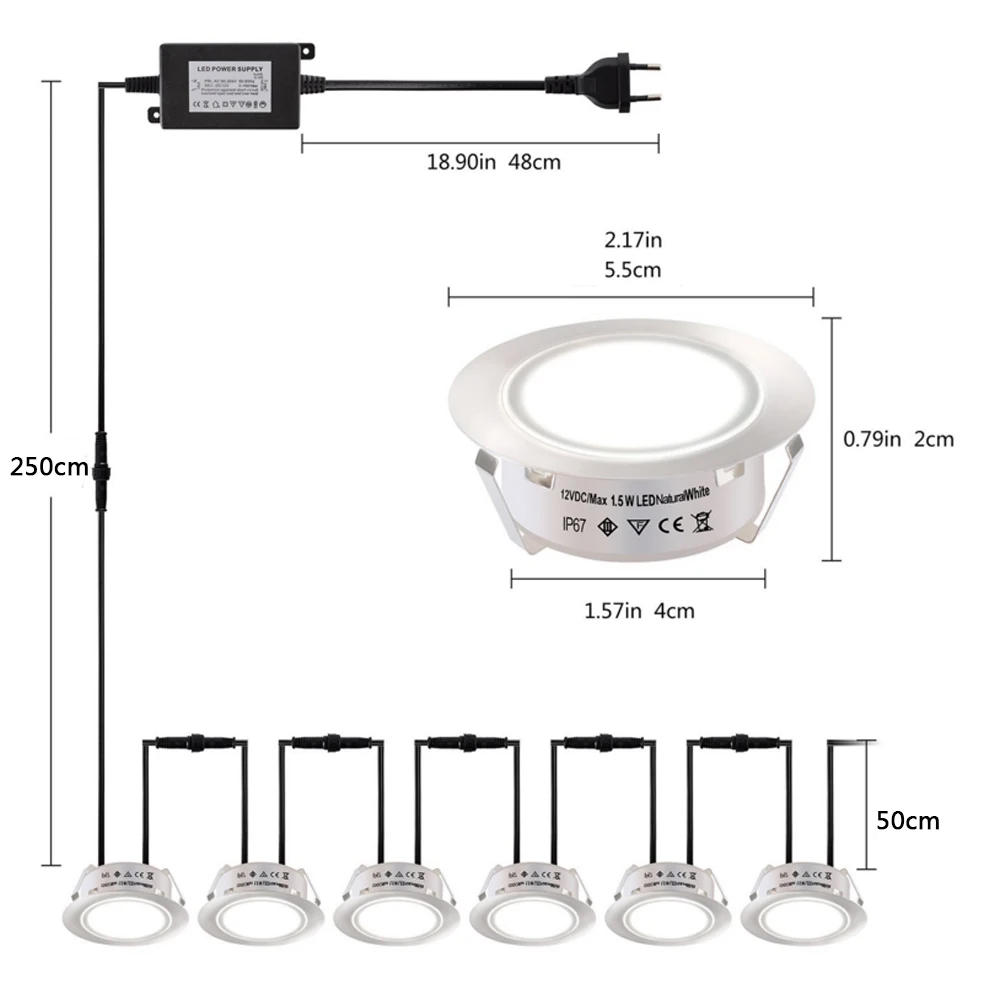 Luz LED de cubierta regulable, lámpara subterránea de CC de 12V, iluminación empotrada de UE/REINO UNIDO/EE. UU./AU, resistente al agua IP67, iluminación para escaleras y jardín