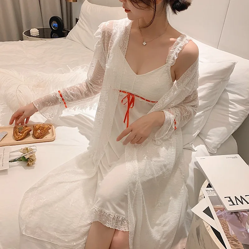 Bra Pad New Spring Autumn Women's Sleepwear Nightshirt Modal Lace Princess Night Dress Sexy Nightgowns Female Two Piece Set