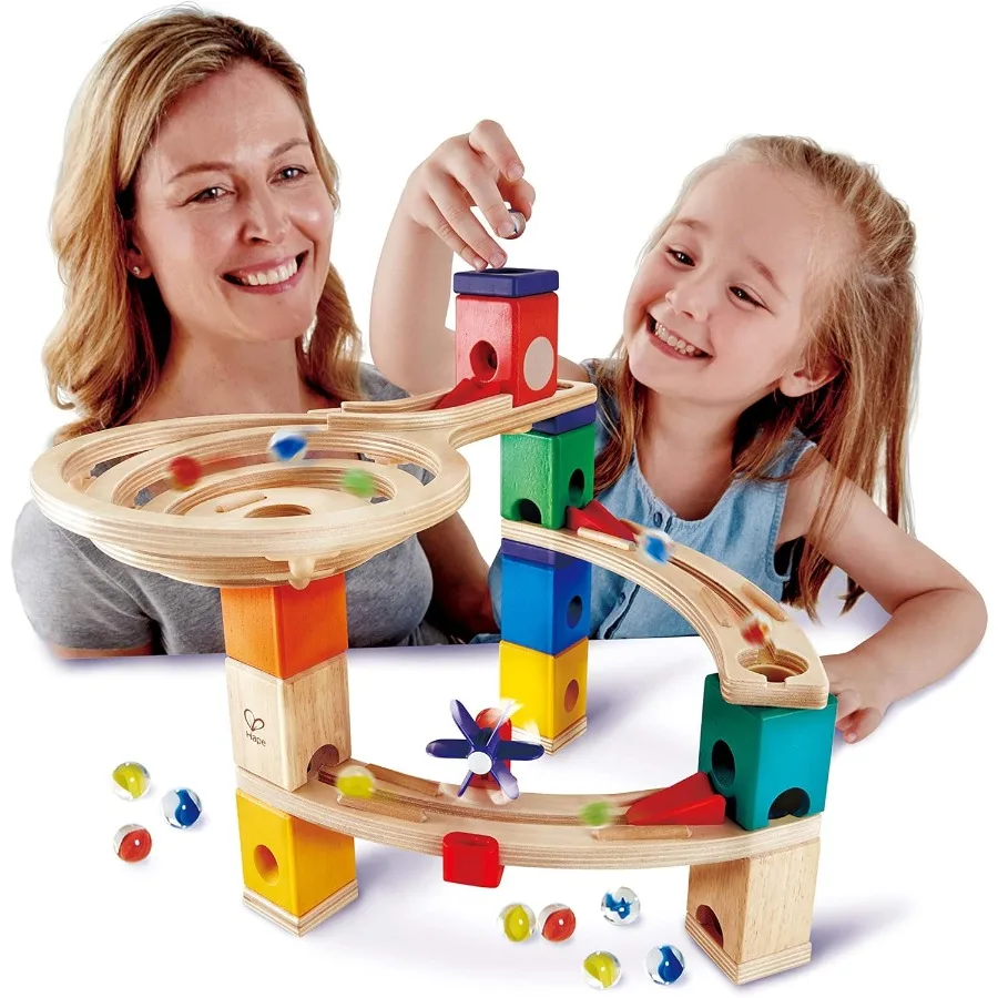 Hape Quadrilla Wyścig do wykończenia drewnianych klocków z zabawą Marble Run