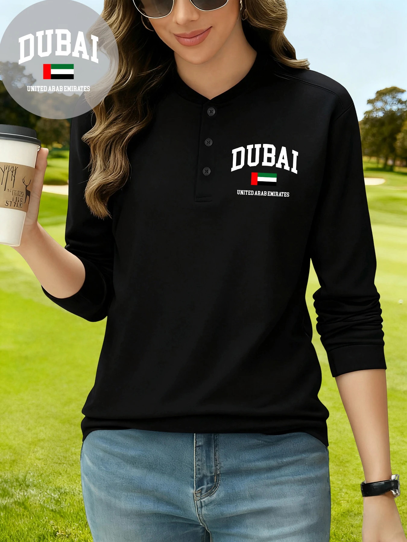 

Dubai United Arab Emirates Print Women Henley Shirts Cotton Henry Neck Long Sleeve Sports T Shirt Business Autumn Clothing