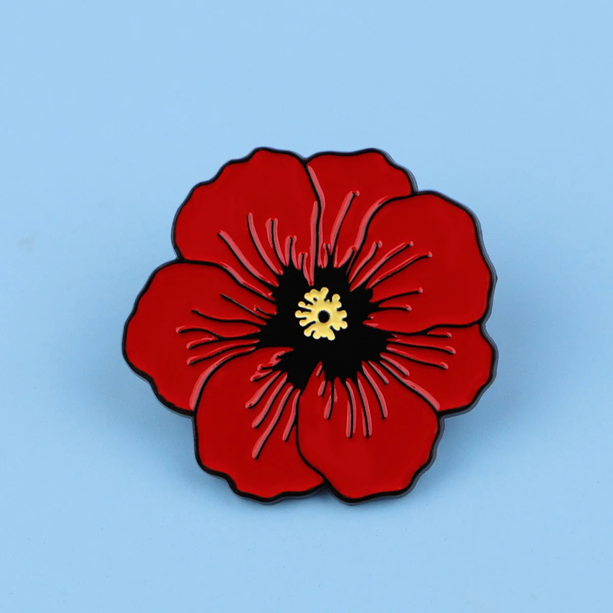 1pc Red & Black Poppy Lapel Pin - Glossy Red Poppy Flower, Metal-Tone Border Badge for Backpacks backpack pins Clothing brooch
