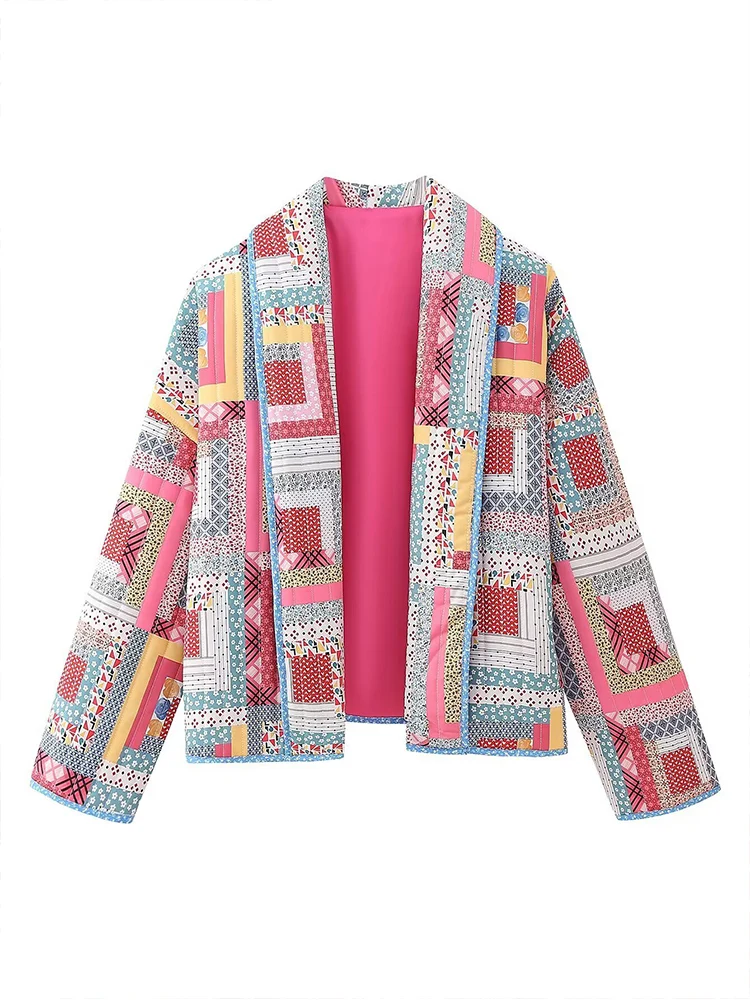

European style new women's fashion versatile and elegant loose-fitting floral print quilted open-front cotton coat.