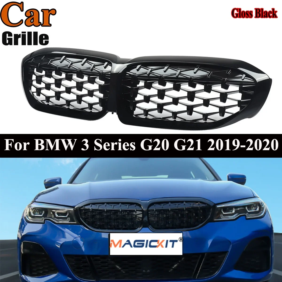 

MagicKit For BMW G20 3 Series Black Front Bumper Kidney Grille Inlet Grill Grid Hood Mesh Diamond Style Sport 2019+ Models