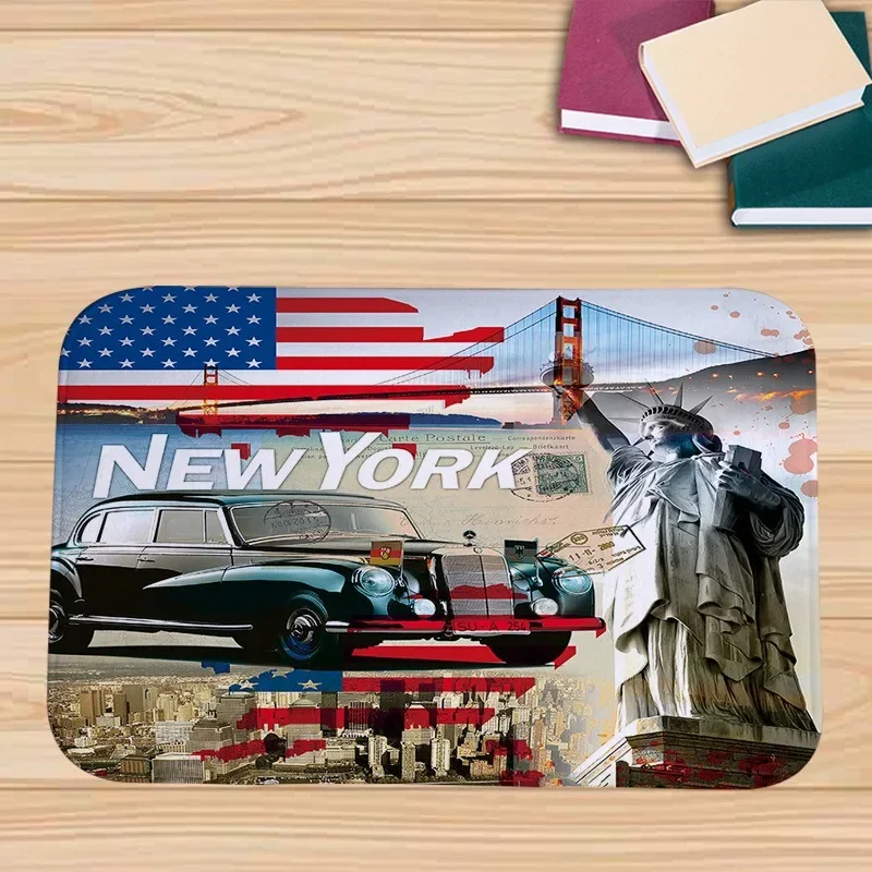 Vintage New York Flannel Doormats, USA Flag Statue of Liberty Prints, Retro Travel Art, Soft Floor Mats for Home Americana Charm