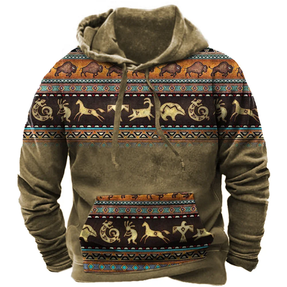 Sweats à capuche de style tribal vintage pour hommes, sweat-shirt, pull, veste décontractée, streetwear, printemps, automne, mode