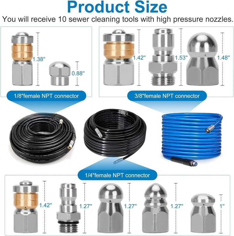 1/8 1/4 3/8 High Pressure Sewer Jetter Pressure Drain Jetter Hose Nozzle for Toilet Industrial Pipelines Kitchen Sewers 5000 PSI