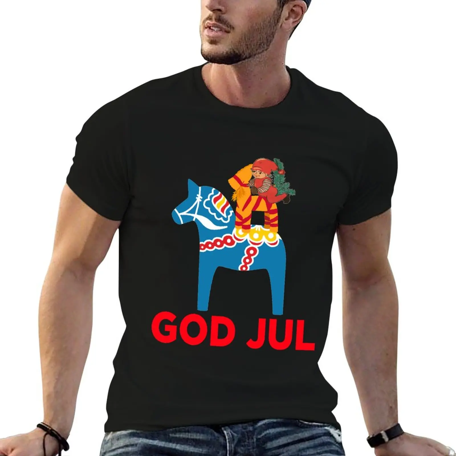 

God Jul Merry Christmas Dala Horse Tomte Julbock Straw Goat T-Shirt man t shirt cotton T-Shirt