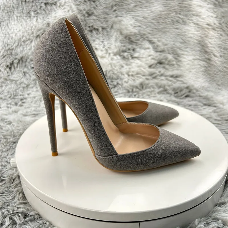 Grey suede surface Stiletto Heels Pumps Women Gorgeous Metal Nail Pointy Evening Shoes Fashion Office Ladies Outfit Elegant