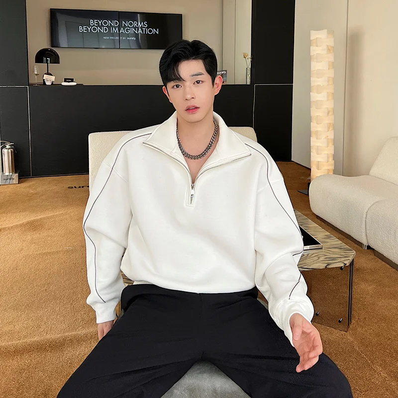 

Корейская свободная повседневная толстовка с воротником-стойкой на молнии из плотной ткани с воздушной прослойкой для мужчин, из полиэстера, однотонная, модная