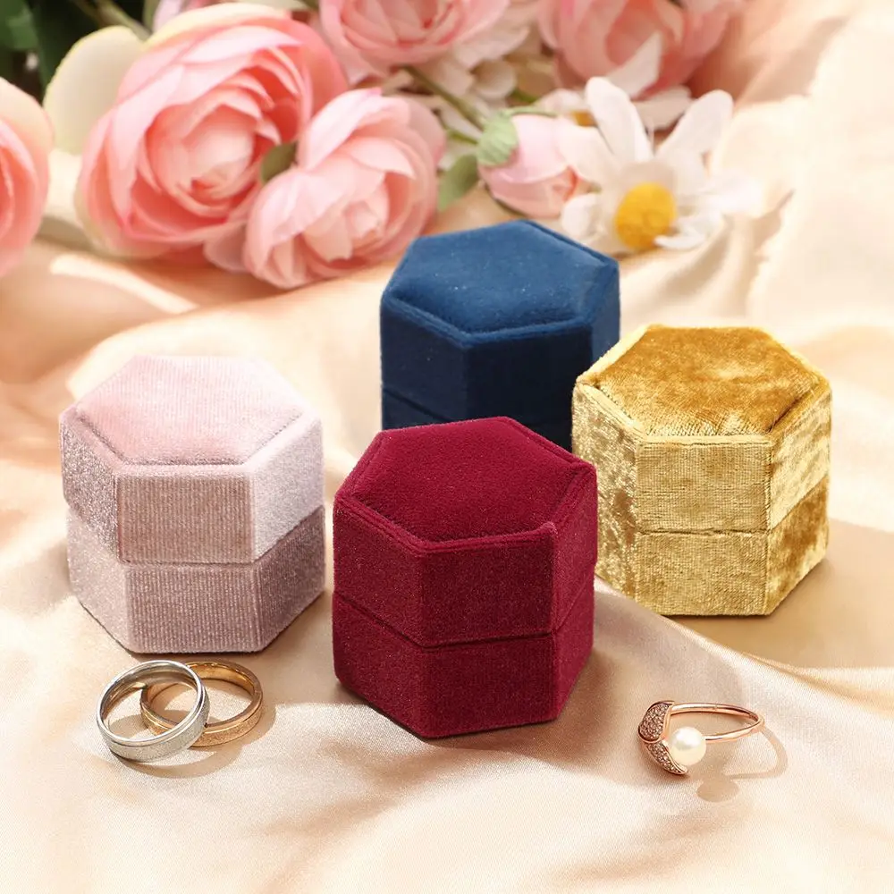 Velvet Jewelry Box Earrings Package Double Ring Storage Box Woman Gift Hexagon Shape Case Wedding Ring Display Box