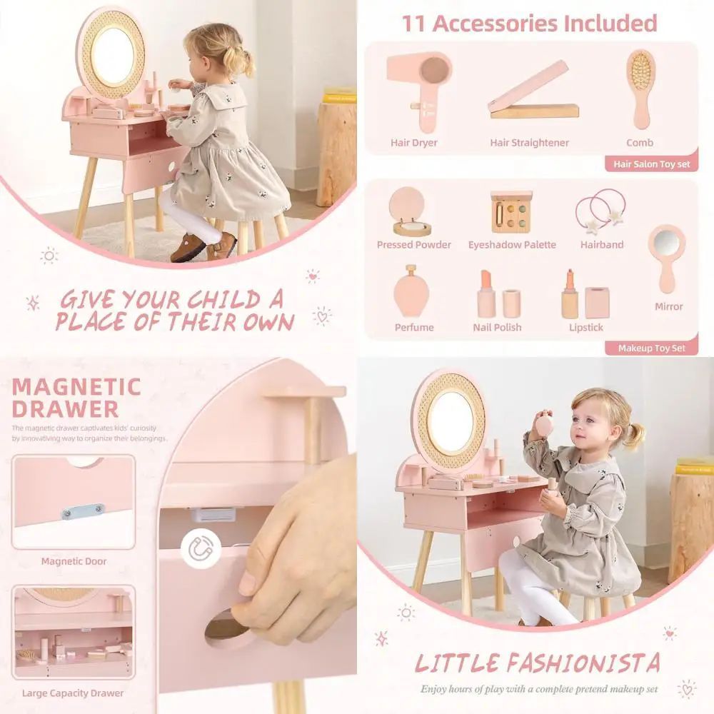 

Розовый туалетный столик для малышей с набором аксессуаров из 11 предметов, идеально подходящий для макияжа и реального использования, идеальный подарок для девочек в возрасте от 3 лет