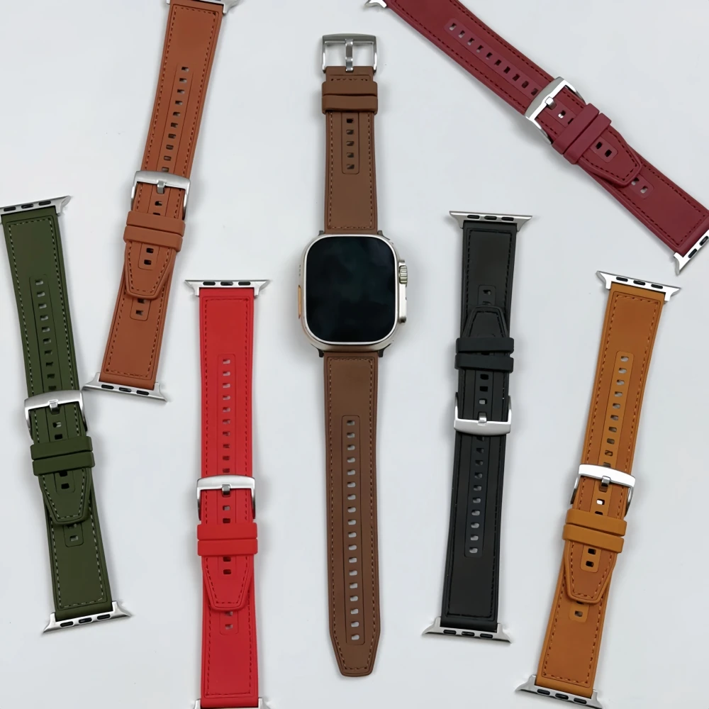 Leather Bands for Apple Watch Strap 45mm 44mm 42mm 41 40 49mm Hybrid Silicone-Lined Bracelets iWatch Ultra SE Series 8/7/6/5/4/3